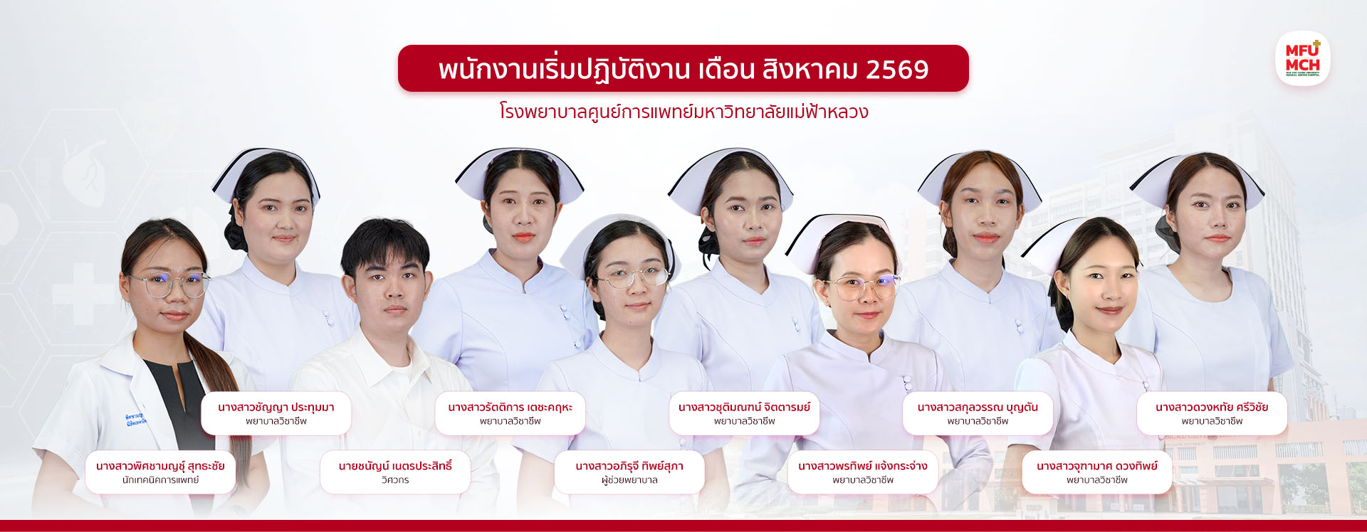 พนักงานเริ่มปฏิบัติงาน เดือน สิงหาคม 2569 โรงพยาบาลศูนย์การแพทย์มหาวิทยาลัยแม่ฟ้าหลวง