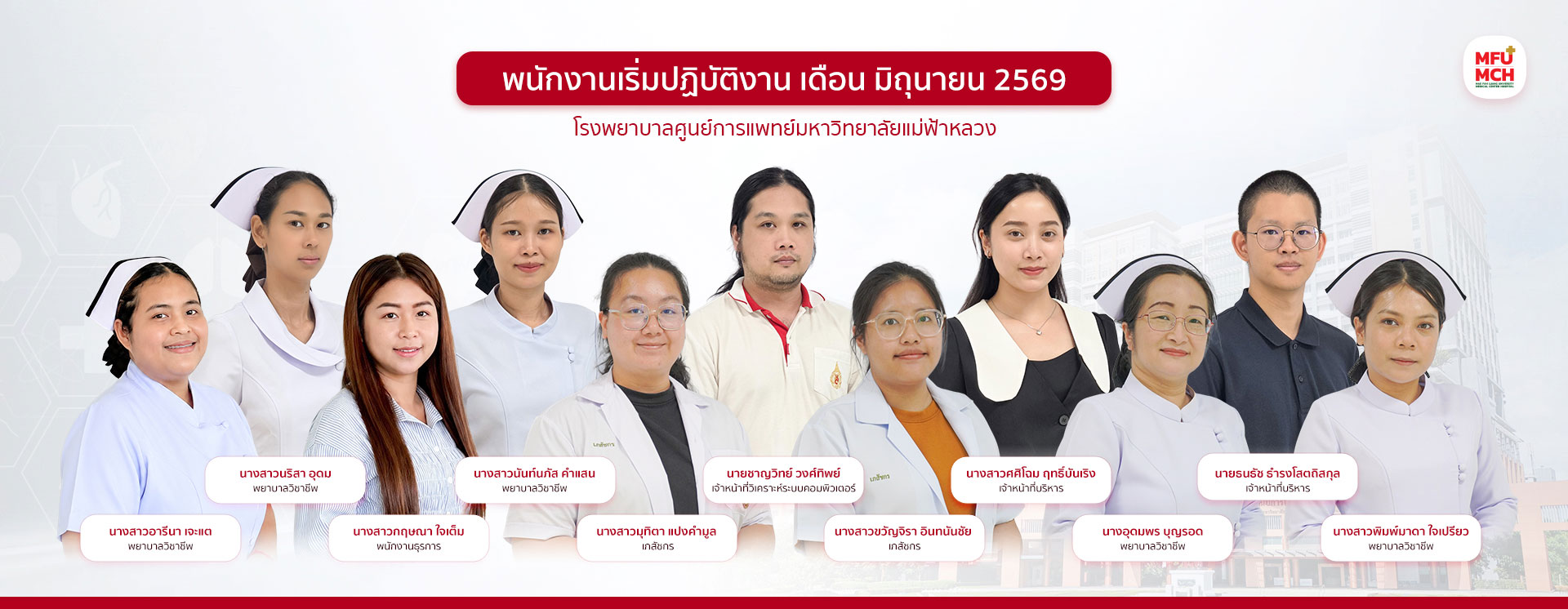 พนักงานเริ่มปฏิบัติงาน เดือน มิถุนายน-1 2569 โรงพยาบาลศูนย์การแพทย์มหาวิทยาลัยแม่ฟ้าหลวง